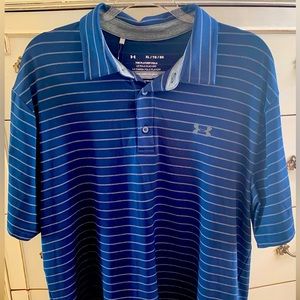 Mens Under Armour golf shirt. Navy blue with gray stripes. NWT